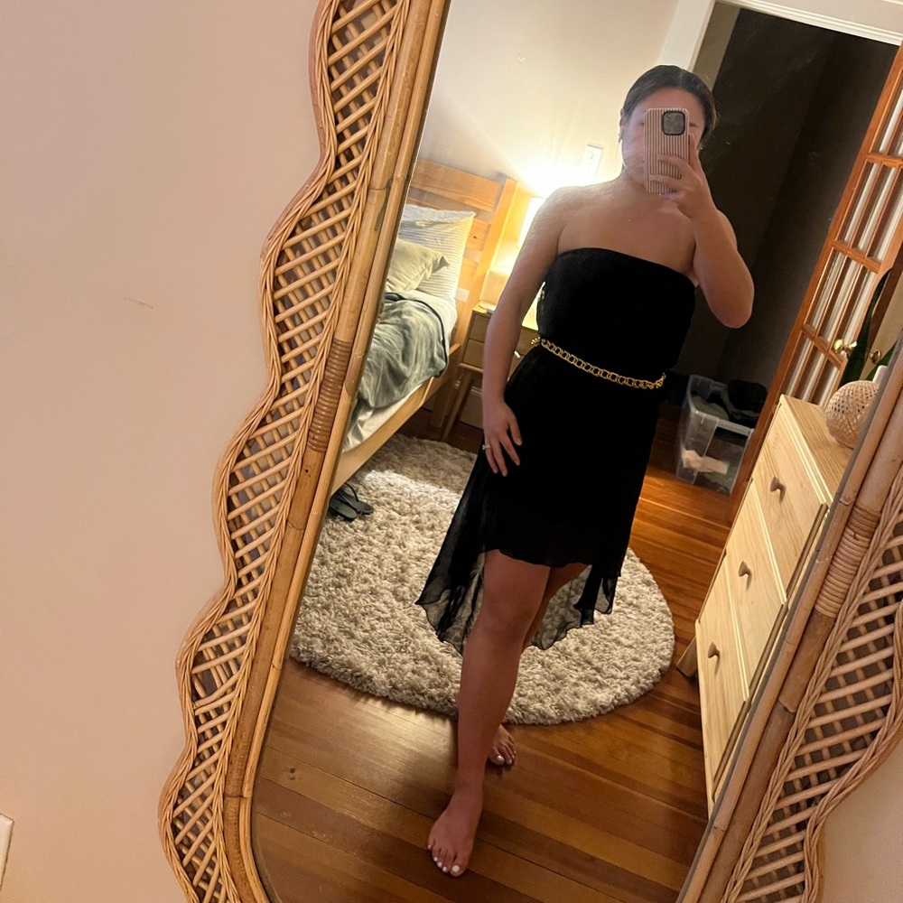 Strapless Black Dress with Gold Belt